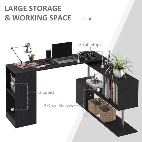 Kepooman 55" Corner Computer Desk, 360° Rotating L-Shaped Desk, Home Office Workstation with 3-Tier Shelves, Bookshelf, Black