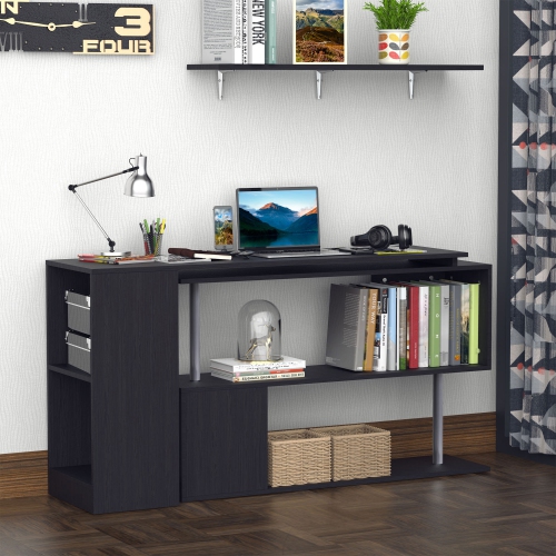 Kepooman 55" Corner Computer Desk, 360° Rotating L-Shaped Desk, Home Office Workstation with 3-Tier Shelves, Bookshelf, Black
