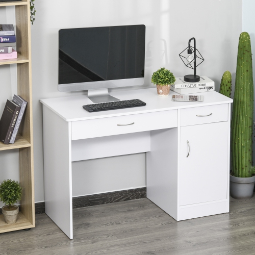 Kepooman Computer Desk with Storage Drawers, Study Writing Table with Cabinet Adjustable Shelf for Home Office Workstation Bedroom, White