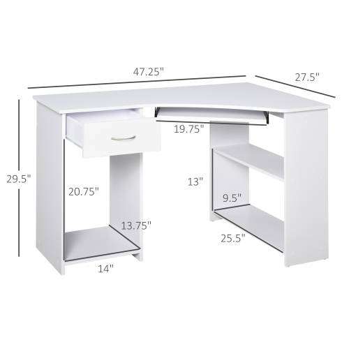 Kepooman L-Shaped Desk with Keyboard Tray, Computer Corner Desk for Small Space with Shelves, Drawer, CPU Stand, Home Office Writing Table, White