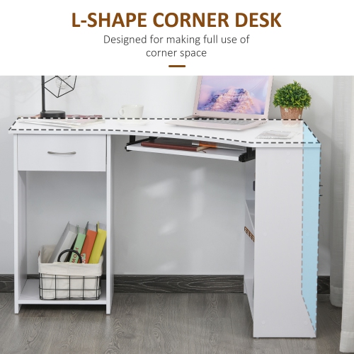 Kepooman L-Shaped Desk with Keyboard Tray, Computer Corner Desk for Small Space with Shelves, Drawer, CPU Stand, Home Office Writing Table, White