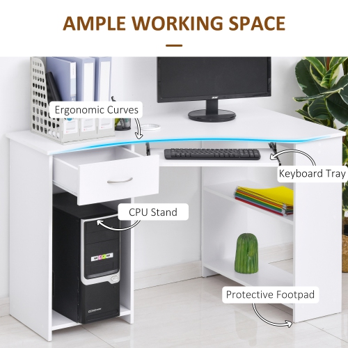 Kepooman L-Shaped Desk with Keyboard Tray, Computer Corner Desk for Small Space with Shelves, Drawer, CPU Stand, Home Office Writing Table, White