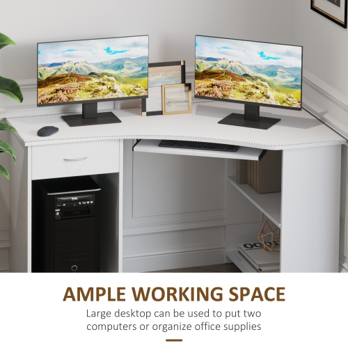Kepooman L-Shaped Desk with Keyboard Tray, Computer Corner Desk for Small Space with Shelves, Drawer, CPU Stand, Home Office Writing Table, White