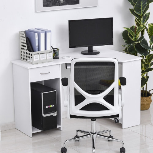 Kepooman L-Shaped Desk with Keyboard Tray, Computer Corner Desk for Small Space with Shelves, Drawer, CPU Stand, Home Office Writing Table, White