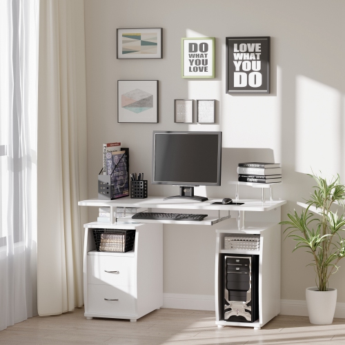 Kepooman Computer Desk with Keyboard Tray, CPU Stand, Writing Desk with Drawers, Workstation for Home Office, White