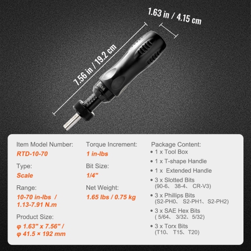 VEVOR 1/4" Torque Screwdriver, Drive Screwdriver Torque Wrench, Electrician Torque Screwdriver with Scale, 10-70 in/lbs Torque Range, 1 in-lbs Torque