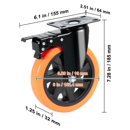VEVOR 6-inch Caster Wheels, Swivel Plate Casters, Set of 4, with Security A/B Locking No Noise PVC Wheels, Heavy Duty 700 lbs Load Capacity Per