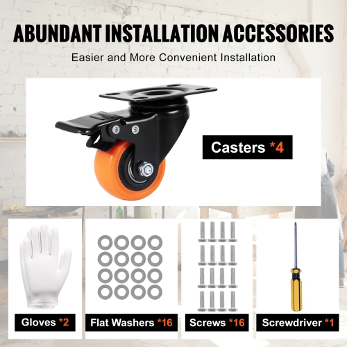 VEVOR 2-inch Caster Wheels, Swivel Plate Casters, Set of 4, with Security Dual Locking No Noise PVC Wheels, Heavy Duty 150 lbs Load Capacity Per