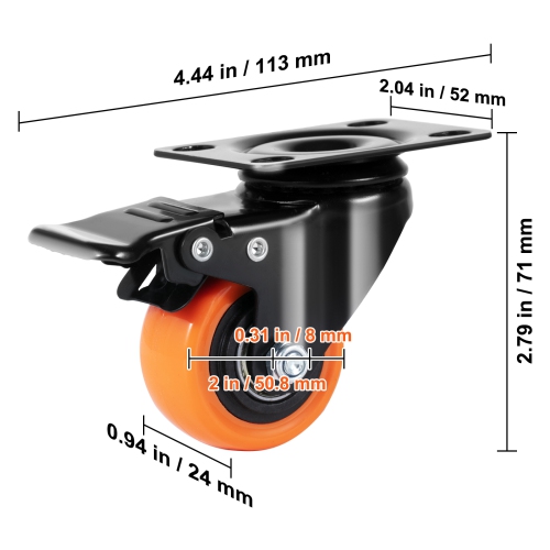 VEVOR 2-inch Caster Wheels, Swivel Plate Casters, Set of 4, with Security Dual Locking No Noise PVC Wheels, Heavy Duty 150 lbs Load Capacity Per