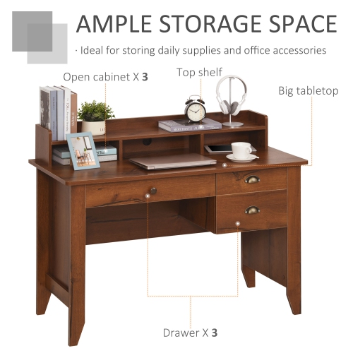 Kepooman Computer Desk with Storage Hutch, Drawers, Shelf, Home Office Writing Table Study Workstation with Cable Management, Brown
