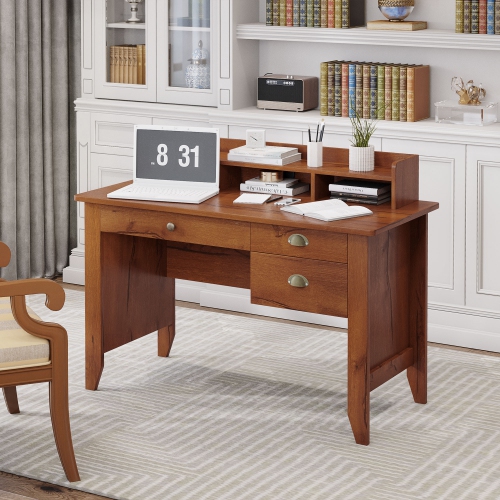 Kepooman Computer Desk with Storage Hutch, Drawers, Shelf, Home Office Writing Table Study Workstation with Cable Management, Brown