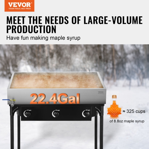 VEVOR 22.4 Gallon Maple Syrup Evaporator Pan, 325 Cups of 8.8oz Maple Syrup, Flat Pan with 1 Valve and 3 Heating Methods, 304 Stainless Steel Maple