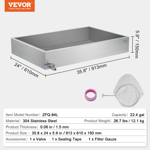 VEVOR 22.4 Gallon Maple Syrup Evaporator Pan, 325 Cups of 8.8oz Maple Syrup, Flat Pan with 1 Valve and 3 Heating Methods, 304 Stainless Steel Maple