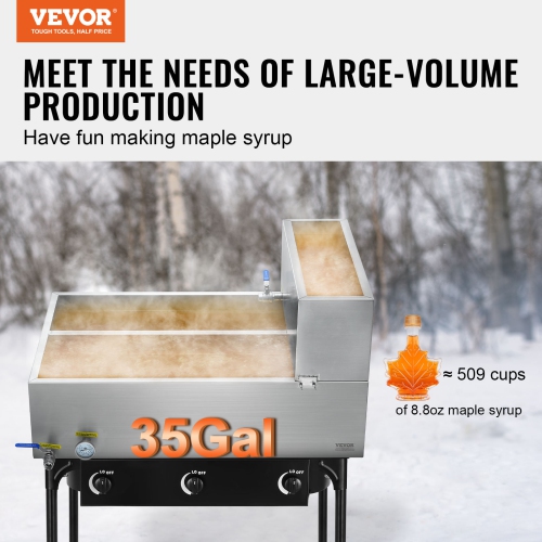 VEVOR 35 Gallon Maple Syrup Evaporator Pan, 509 Cups of 8.8oz Maple Syrup, Flat Pan with Thermometer, 2 Valves and 3 Heating Methods, 304 Stainless