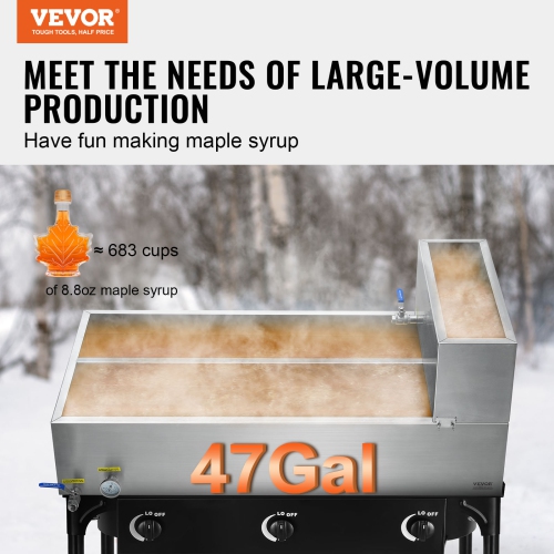 VEVOR 47 Gallon Maple Syrup Evaporator Pan, 683 Cups of 8.8oz Maple Syrup, Flat Pan with Thermometer, 2 Valves and 3 Heating Methods, 304 Stainless