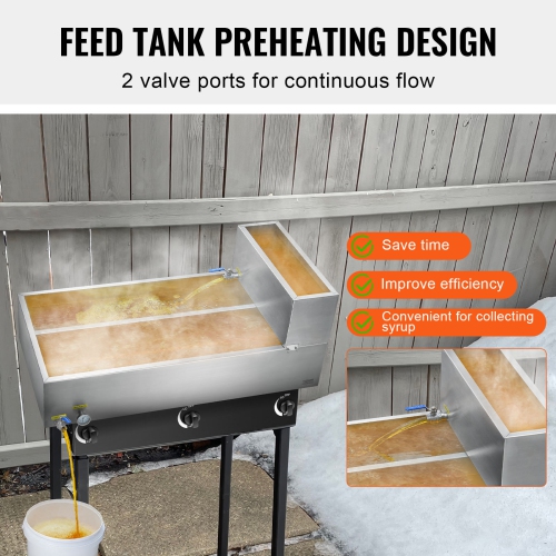 VEVOR 47 Gallon Maple Syrup Evaporator Pan, 683 Cups of 8.8oz Maple Syrup, Flat Pan with Thermometer, 2 Valves and 3 Heating Methods, 304 Stainless
