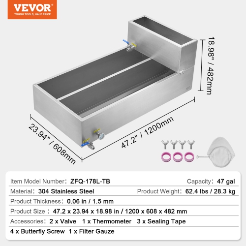 VEVOR 47 Gallon Maple Syrup Evaporator Pan, 683 Cups of 8.8oz Maple Syrup, Flat Pan with Thermometer, 2 Valves and 3 Heating Methods, 304 Stainless