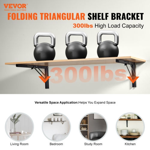VEVOR 24” L 2 Pcs Shelf Bracket Foldable, Floating Shelf Brackets, Brackets for Shelves, 5mm Thick Matte Black L Shelf Bracket,Steel Shelving