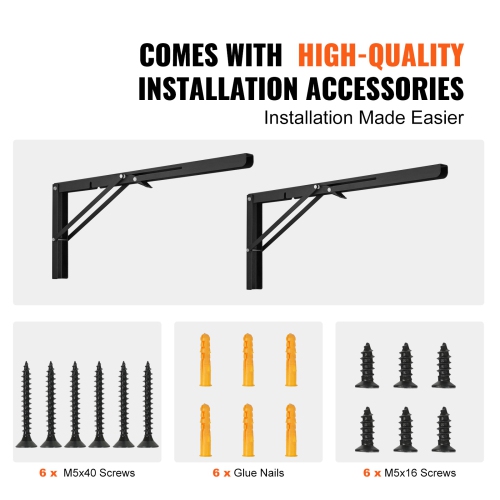 VEVOR 24” L 2 Pcs Shelf Bracket Foldable, Floating Shelf Brackets, Brackets for Shelves, 5mm Thick Matte Black L Shelf Bracket,Steel Shelving