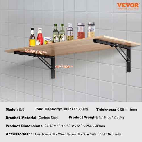 VEVOR 24” L 2 Pcs Shelf Bracket Foldable, Floating Shelf Brackets, Brackets for Shelves, 5mm Thick Matte Black L Shelf Bracket,Steel Shelving