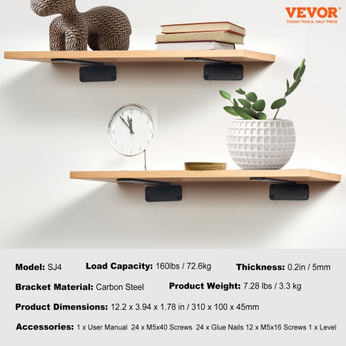 VEVOR 12”L x 4”W x 1.6”H Shelf Bracket,6 Pcs,Floating Shelf Brackets, Brackets for Shelves, 5mm Thick Matte Black L Shelf Bracket,Steel Shelving