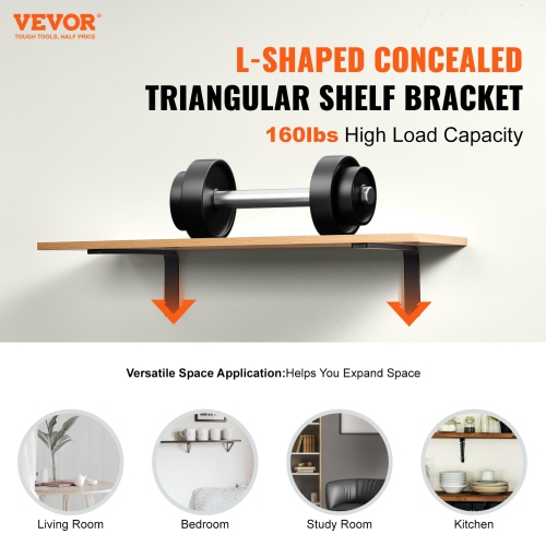 VEVOR 10 x 6 in Shelf Bracket, Floating Shelf Brackets, 4 Pcs Brackets for Shelves, 5mm Thick Matte Black L Shelf Bracket,Steel Shelving Brackets