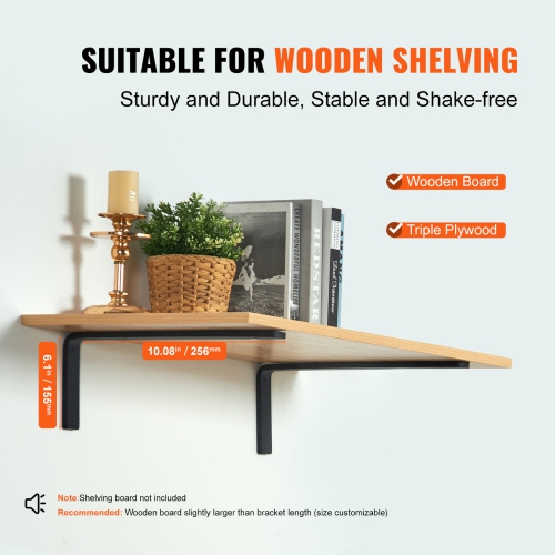 VEVOR 10 x 6 in Shelf Bracket, Floating Shelf Brackets, 4 Pcs Brackets for Shelves, 5mm Thick Matte Black L Shelf Bracket,Steel Shelving Brackets
