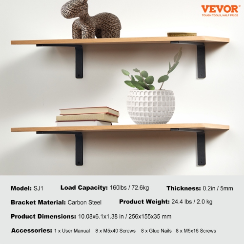VEVOR 10 x 6 in Shelf Bracket, Floating Shelf Brackets, 4 Pcs Brackets for Shelves, 5mm Thick Matte Black L Shelf Bracket,Steel Shelving Brackets