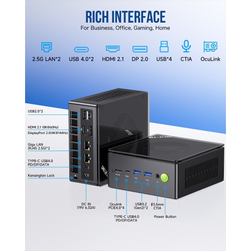 GMKtec Gaming Mini PC K8 Plus AMD Ryzen 7 8845HS(8C/16T, up to 5.1GHz), 32GB DDR5 5600 MHz 1TB PCIe 4.0 SSD, Desktop Computer Dual NIC 2.5G, HDMI