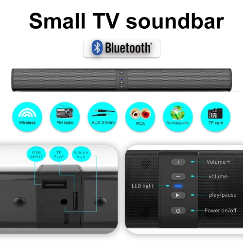 Detachable Sound Bar for Smart TV, Compact Home Audio Sound Bar for TV, Rechargeable Home Theater Sound System, Support USB/AUX/TF/FM