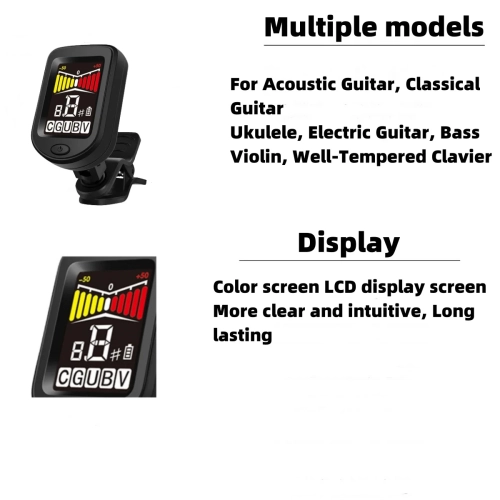 Clip-On Guitar Tuner Rechargeable with LCD Color Screen Rotatable Chromatic Tuner for Guitar, Bass, Ukulele, Violin