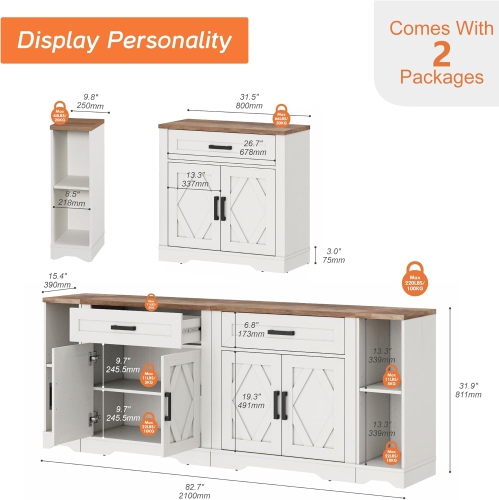WAMPAT Modern Farmhouse Sideboard Cabinet with Drawers & Doors, 82.7" Large Buffet Cabinet with Adjustable Shelves, 4 in 1 Wooden Coffee Bar Table