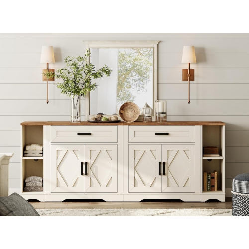 WAMPAT Modern Farmhouse Sideboard Cabinet with Drawers & Doors, 82.7" Large Buffet Cabinet with Adjustable Shelves, 4 in 1 Wooden Coffee Bar Table