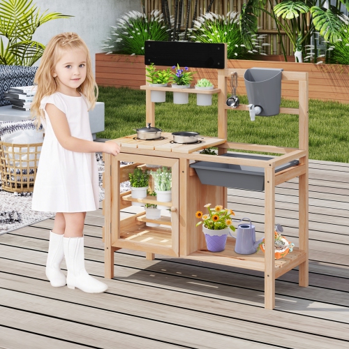 Gymax Mud Kitchen Kids Pretend Play Kitchen Toy Set Outdoor Wooden Kitchen Playset