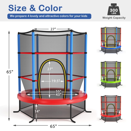 Gymax 55'' Trampoline for Kids Toddler Recreational Trampoline w/ Safety Enclosure Multicolor