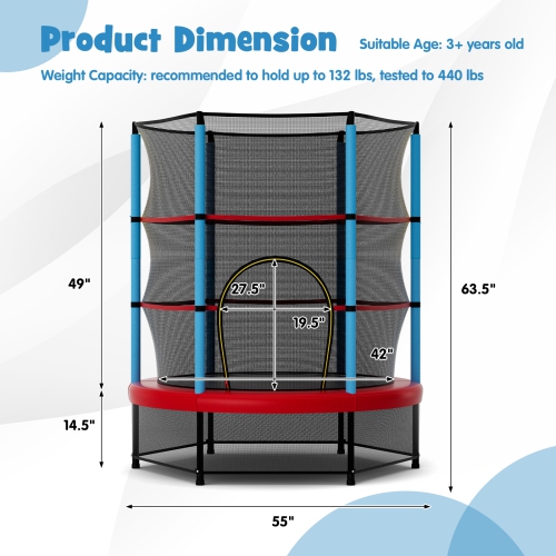 Gymax 55'' Mini Trampoline for Kids w/ Safety Enclosure Net & Seamless Design