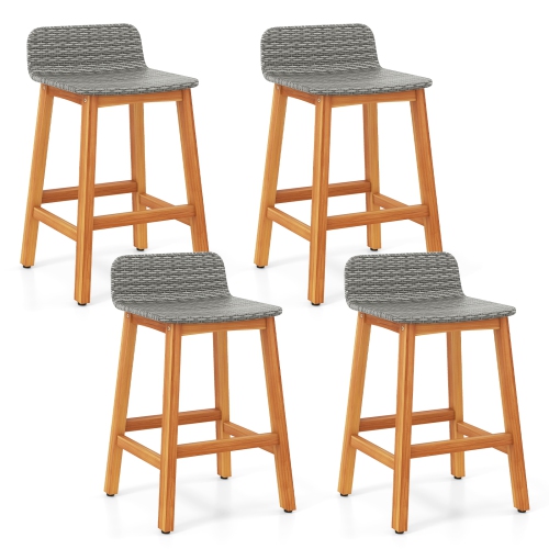 GYMAX  Solid Acacia Wood Bar Stools Set Of 4 Rattan Bar Height Patio Chairs for Porch