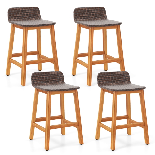 GYMAX  Solid Acacia Wood Bar Stools Set Of 4 Rattan Bar Height Patio Chairs for Porch