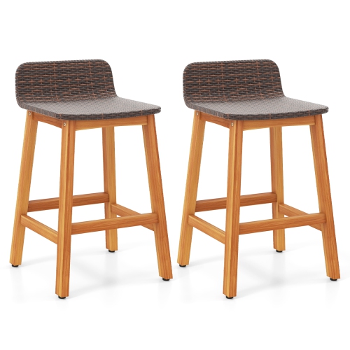 GYMAX  Solid Acacia Wood Bar Stools Set Of 2 Rattan Bar Height Patio Chairs for Porch