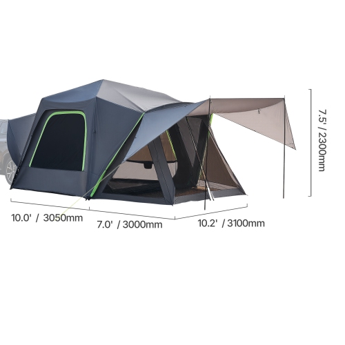 VEVOR 10FT Lx10FT W SUV Tent, Waterproof PU2000mm Spacious Double Layer Design for 5-8 Person, SUV Camping Tent with Shade Awning and Mesh Windows,