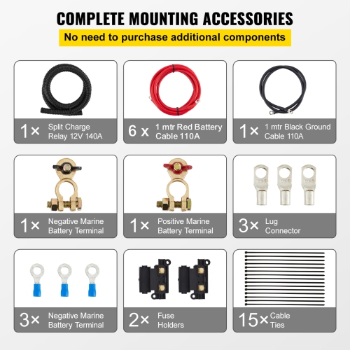 VEVOR 6mtr 12V Split Charge Relay Kit, Automatic Dual Battery Isolator Kit with 140AMP Voltage Sense Relay VSR, Compatible with RV Marine Car Vehicle