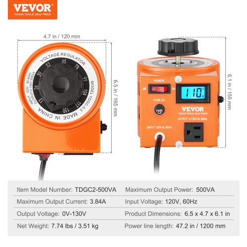 VEVOR 500VA Auto Variable Voltage Transformer, 3.84 Amp, 110V Input 0-130V Output AC Voltage Regulator, with LCD Display 4 Extra Fuses Thermal