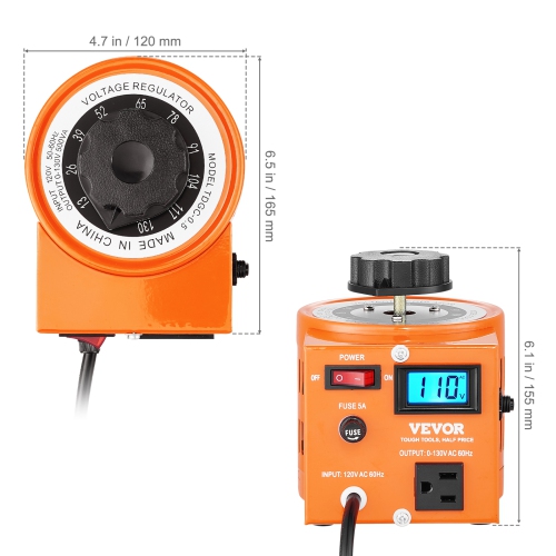 VEVOR 500VA Auto Variable Voltage Transformer, 3.84 Amp, 110V Input 0-130V Output AC Voltage Regulator, with LCD Display 4 Extra Fuses Thermal
