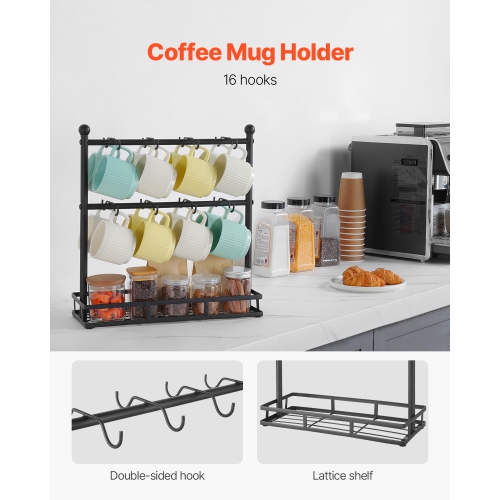 VEVOR 16 Hooks Coffee Mug Holder for Countertop, Coffee Cup Holder with Storage Base, 2 Tier Mugs Tree Rack Carbon Steel Mug Display Stand, for Home