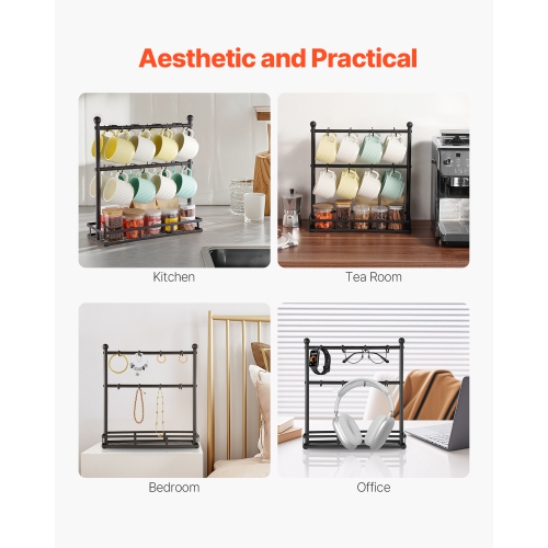 VEVOR 16 Hooks Coffee Mug Holder for Countertop, Coffee Cup Holder with Storage Base, 2 Tier Mugs Tree Rack Carbon Steel Mug Display Stand, for Home