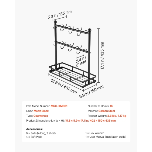 VEVOR 16 Hooks Coffee Mug Holder for Countertop, Coffee Cup Holder with Storage Base, 2 Tier Mugs Tree Rack Carbon Steel Mug Display Stand, for Home