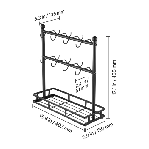VEVOR 16 Hooks Coffee Mug Holder for Countertop, Coffee Cup Holder with Storage Base, 2 Tier Mugs Tree Rack Carbon Steel Mug Display Stand, for Home