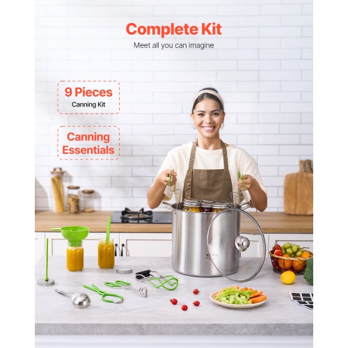 VEVOR 9 Pieces Canning Supplies Starter Kit, Stainless Steel Water Bath Canning Kit for Beginners, Canning Tools Set: Pot, Rack, Lid, Funnel, Tongs,