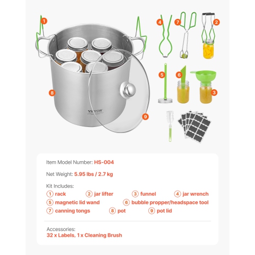 VEVOR 9 Pieces Canning Supplies Starter Kit, Stainless Steel Water Bath Canning Kit for Beginners, Canning Tools Set: Pot, Rack, Lid, Funnel, Tongs,