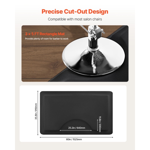 VEVOR 3 x 5 FT Salon Mat for Hair Stylist, Rectangle Salon Chair Mat Anti Fatigue, 1/2" Thickened PVC + NBR Mat with Round Cut Out, Anti-Trip Beveled